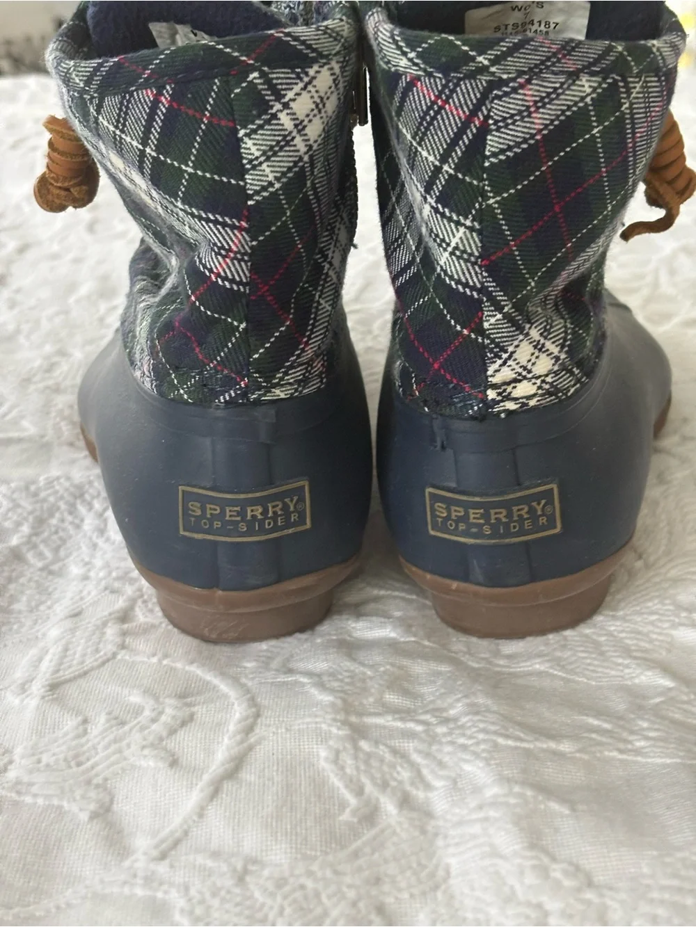Women’s Sperry Top-Sider Saltwater Plaid Duck Boots in Navy with Brown Laces